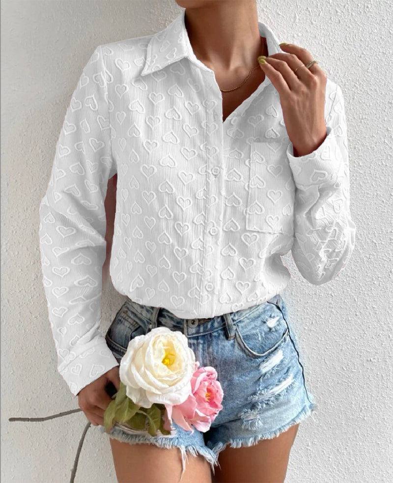 Early Autumn Wear Long Sleeve Collared Shirt Heart Shaped Jacquard Cardigan Top