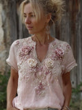Vintage Pink Boho Roses Embroidered V Neck Linen T Shirt elevenforest