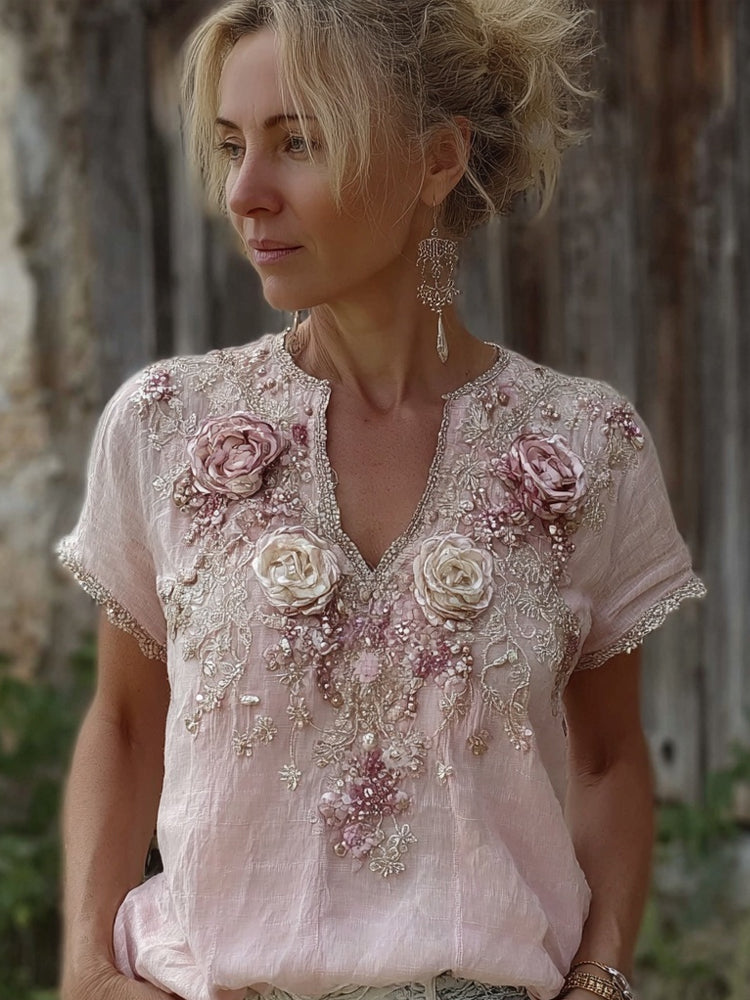 Vintage Pink Boho Roses Embroidered V Neck Linen T Shirt elevenforest