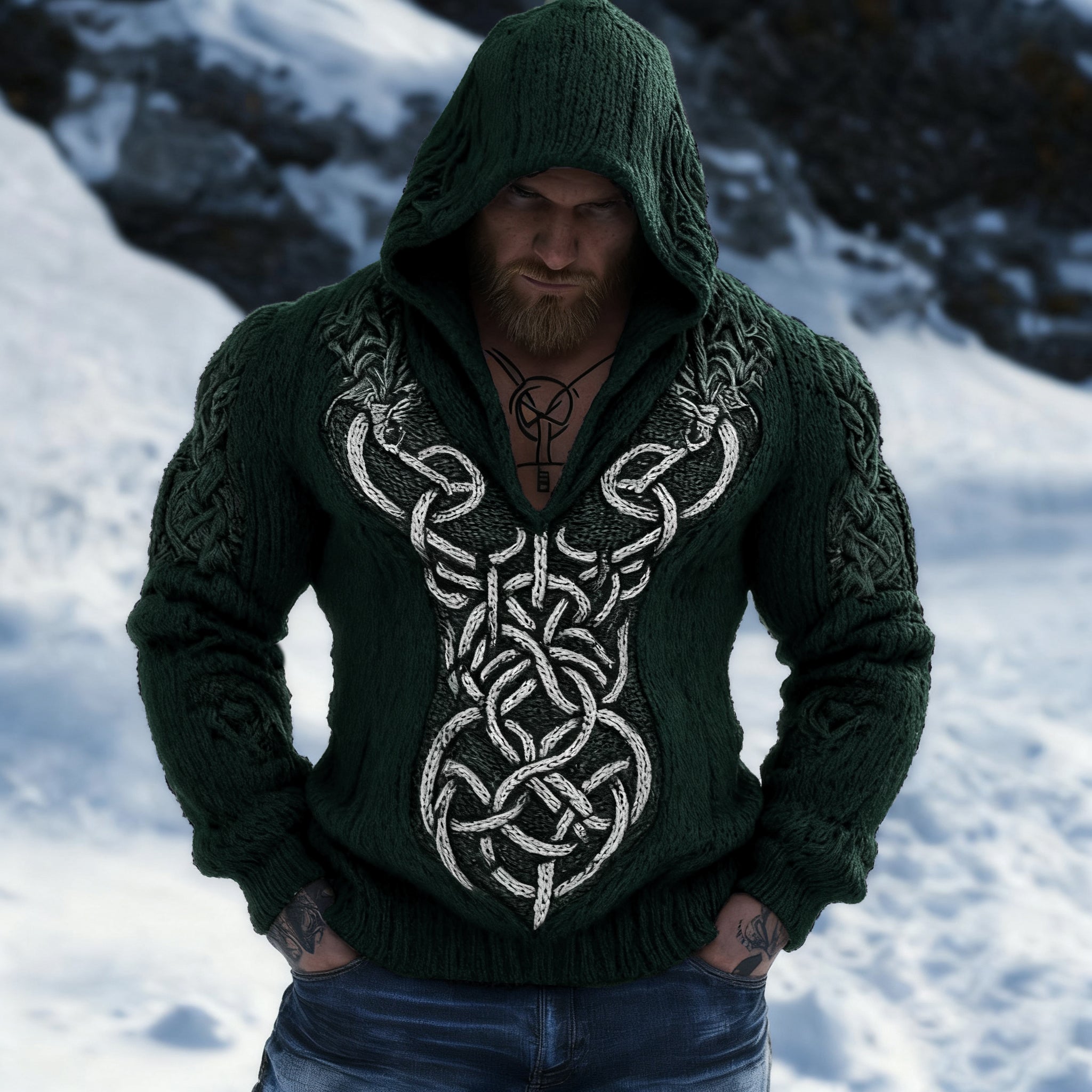 Retro Viking Celtic Jacquard Chunky Hooded Sweater elevenforest