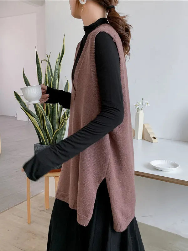 Sleeveless Split-side Color V-neck Knitted Vest