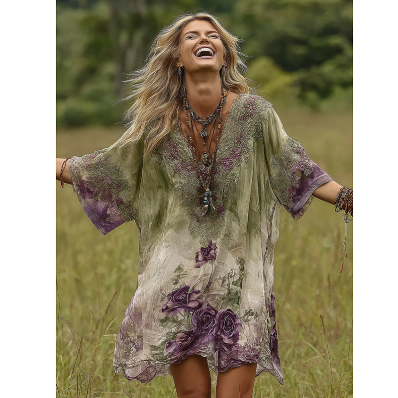 Classy Gradient Purple Lavender And Floral Printed Midi Dress elevenforest