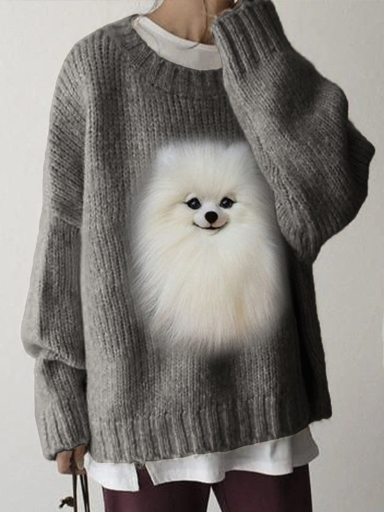 Comstylish White Pom Dog Plush Cozy Knit Sweater