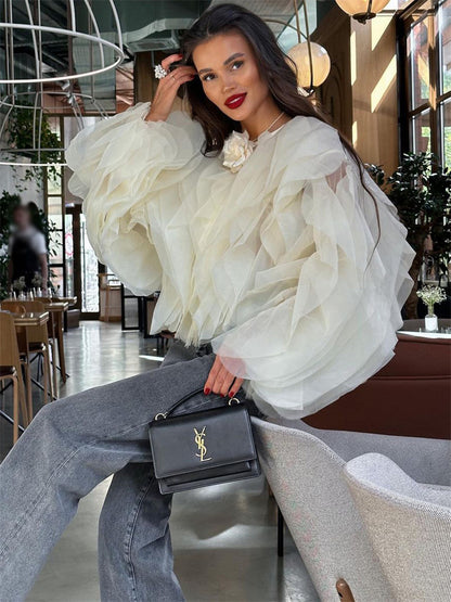 Tossy Patchwork Ruffled White Shirts for High Waist Long Sleeve Blouse Top