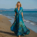 Bohemian Style Retro Peacock Feather Pattern Women's Casual Cotton And Linen Dress elevenforest