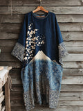 Women's Vintage Japanese Floral And Mt. Fuji Patchwork Linen Blend Dress elevenforest