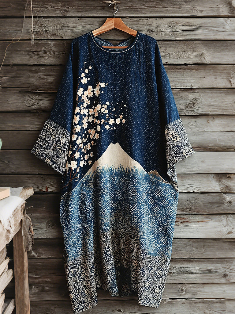 Women's Vintage Japanese Floral And Mt. Fuji Patchwork Linen Blend Dress elevenforest