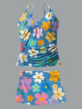 Color Flower V-Neck Vintage Flowers Print Suspender Skirt Tankini Pantskirt Set Swimsuit