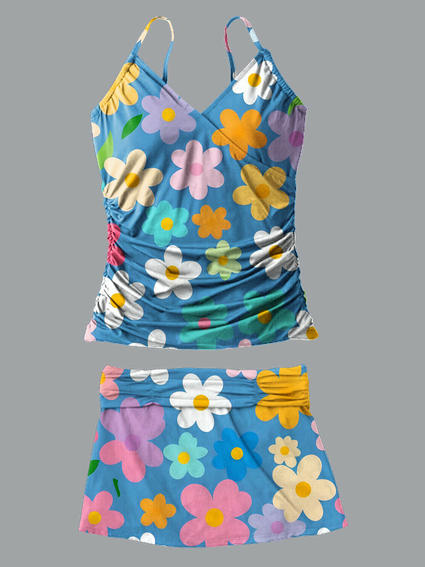 Color Flower V-Neck Vintage Flowers Print Suspender Skirt Tankini Pantskirt Set Swimsuit