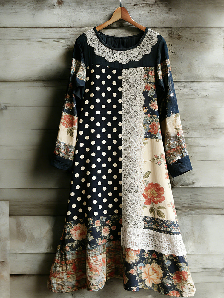 Women's Floral Polka Dot Lace-up Round Neck Long Sleeve Dress elevenforest