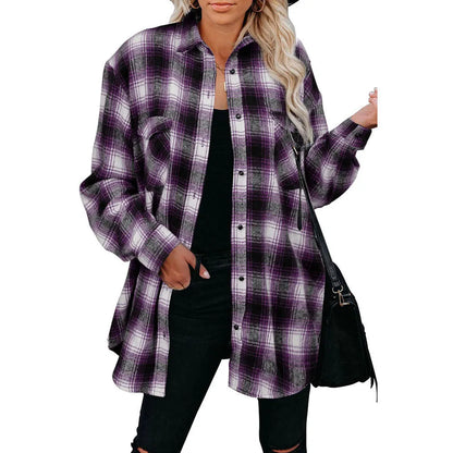 Clothing Autumn Winter Plaid Shirt Mid-length Loose Lapels Cardigan Shirt