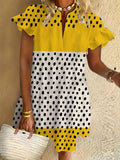 Geometric art ruffles, short sleeves, V-neck, button dress, holiday beach dress