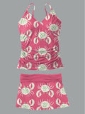 Women's Summer Crab Print Casual Suspender Shirred Swimsuit Set