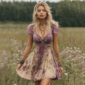 Vintage Purple Floral Embroidered Patchwork Linen Dress