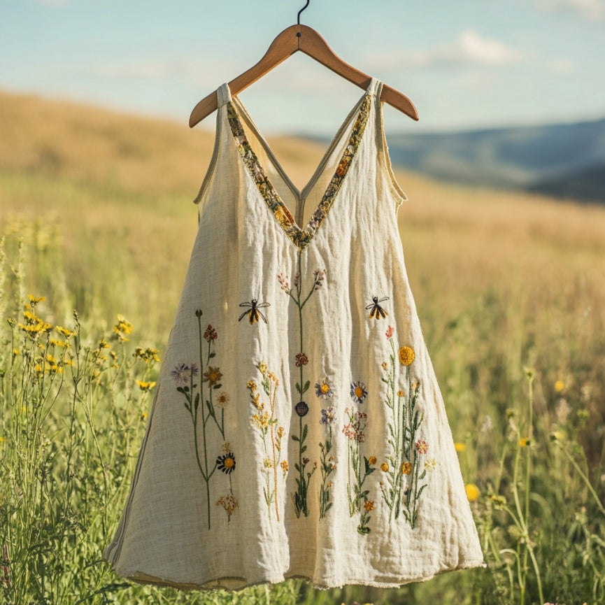 Women's Vintage Flower Art Linen Tank Top elevenforest