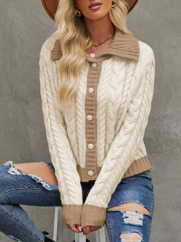 Long Sleeves Loose Contrast Color Split-joint Lapel Cardigan Tops