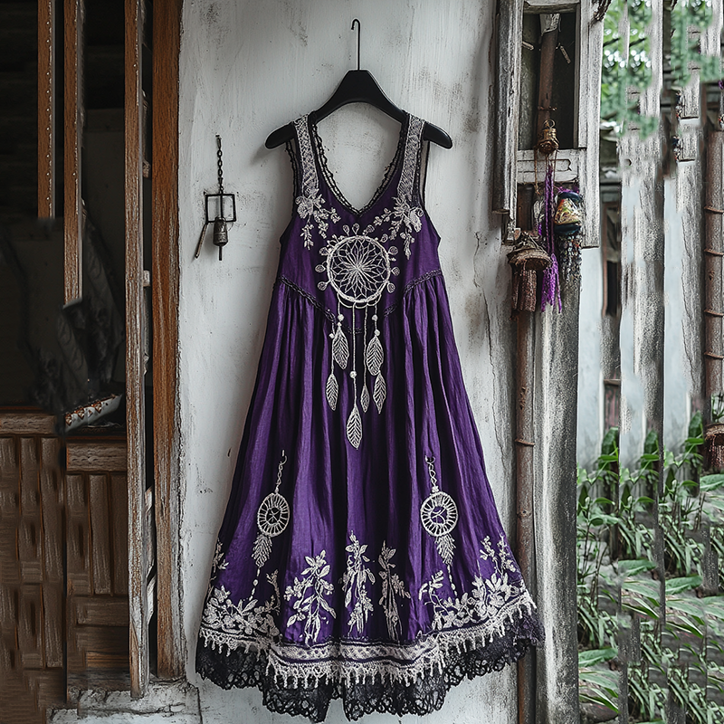 Women's Dreamcatcher Embroidered Flowy Linen Tank Dress elevenforest