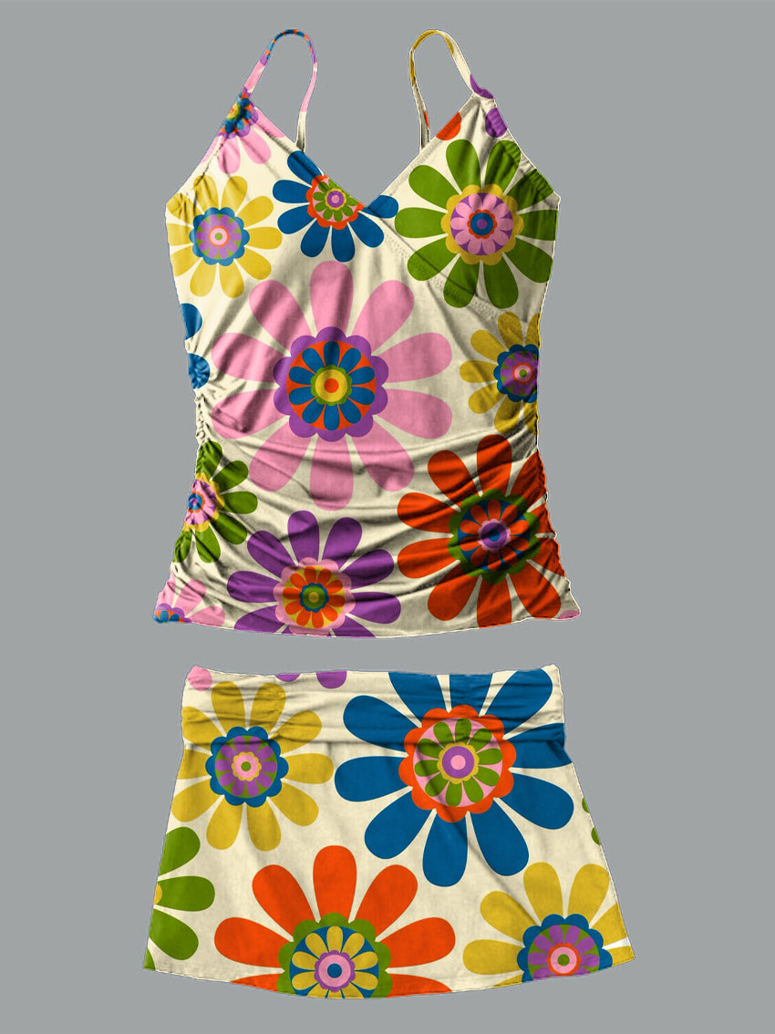 Colorful Flower V-Neck Vintage Flowers Print Suspender Skirt Tankini Pantskirt Set Swimsuit