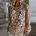 Women's Pink Rose Embroidery Art Round Neck Long Sleeve Linen Blend T-shirt elevenforest