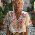 Bohemian Style Rose Embroidery V-neck Casual Short-sleeved Vintage Top elevenforest