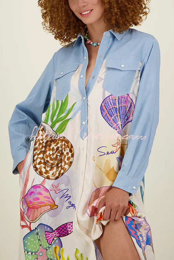 Take a Trip Marine Elements Unique Print Patchwork Pocketed Long Shirt Coat