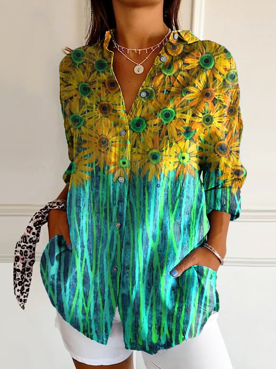 Women's Vintage Floral Art Print Casual Cotton Shirt