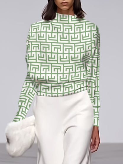 Long Sleeves Loose Geometric Printed Stand Collar T-shirts Tops