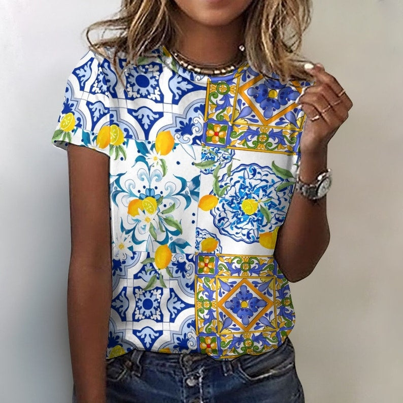 Comstylish Women's Sicilian Tile Pottery Lemon Print T-shirt
