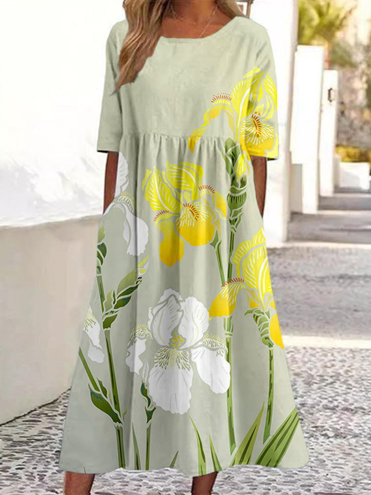 Yellow And White Iris Flower Art Linen Blend Maxi Dress elevenforest