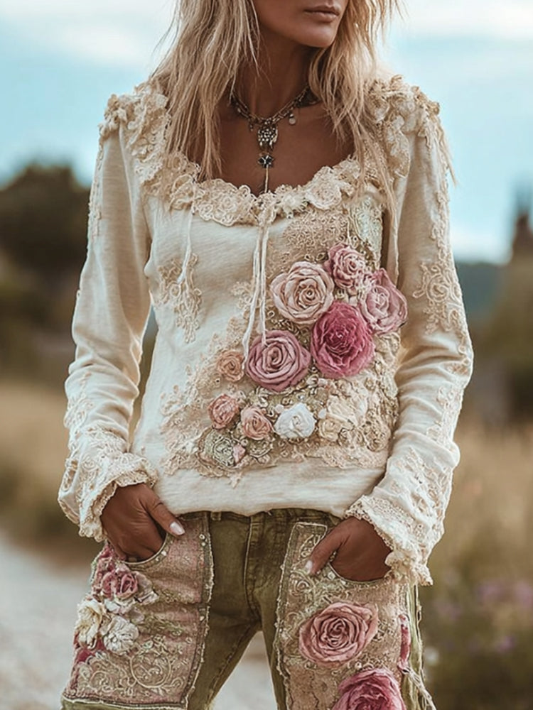 Women's Pink Floral Vintage Casual Long-sleeved Round-neck Top elevenforest