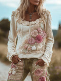 Women's Pink Floral Vintage Casual Long-sleeved Round-neck Top elevenforest