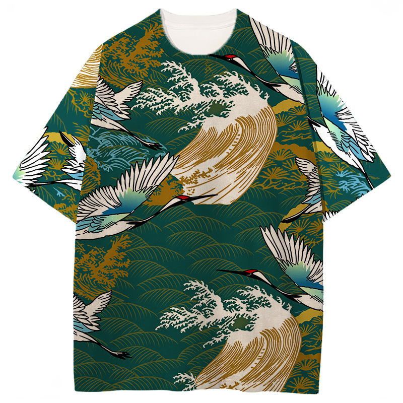 Comstylish Japanese Crane Vintage Graphic Print T-shirt