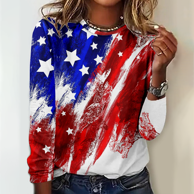 Comstylish American Flag Print Long Sleeve Casual T-Shirt