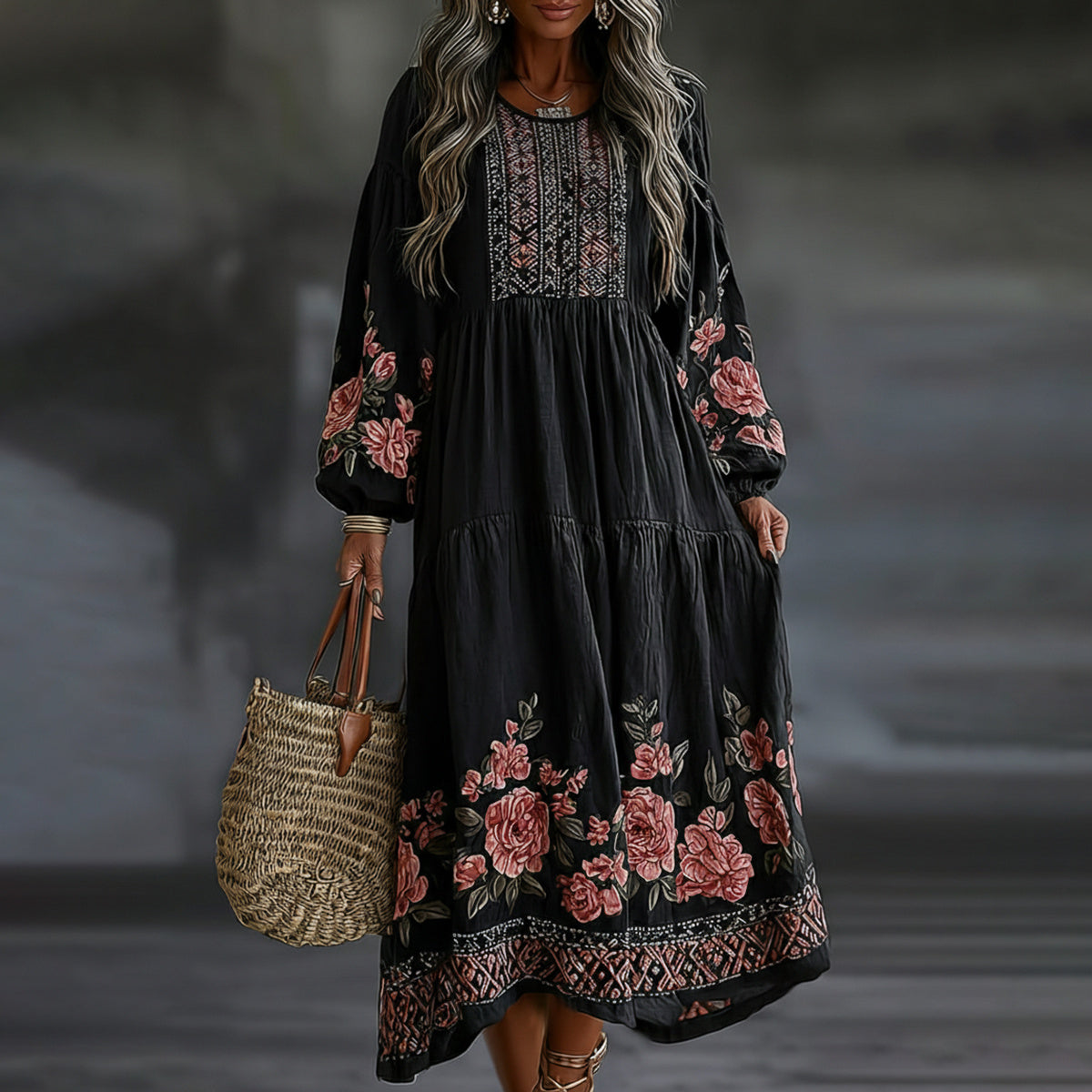 Women's Floral Art Flowy Linen Blend Casual Long Sleeve Maxi Dress elevenforest