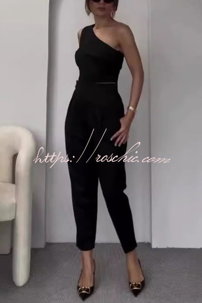 Color Slim Fit Sleeveless Tank Top and High Waisted Pocket Wideleg Pants Set