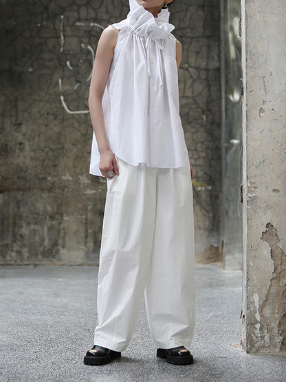 Sleeveless Pleated Color Statement Collar Blouses&shirts Tops