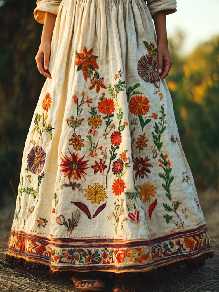 Vintage Floral Embroidered Linen Blend Skirt elevenforest