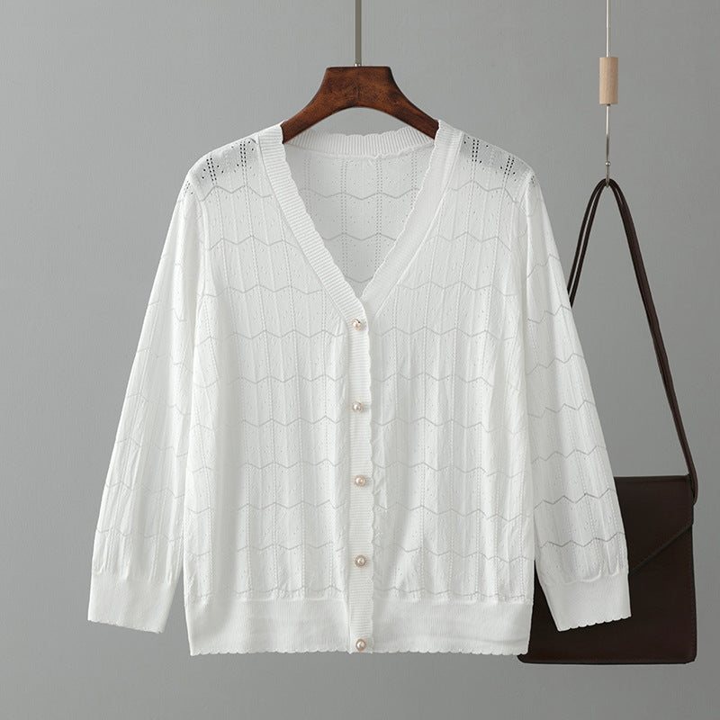 V Neck Hollow Out Cutout Knitted Cardigan Coat Spring Summer Short Small Thin Sun Protection Clothing Top