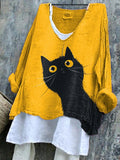 Comstylish Funny Cat Print Linen Blend Casual Shirt