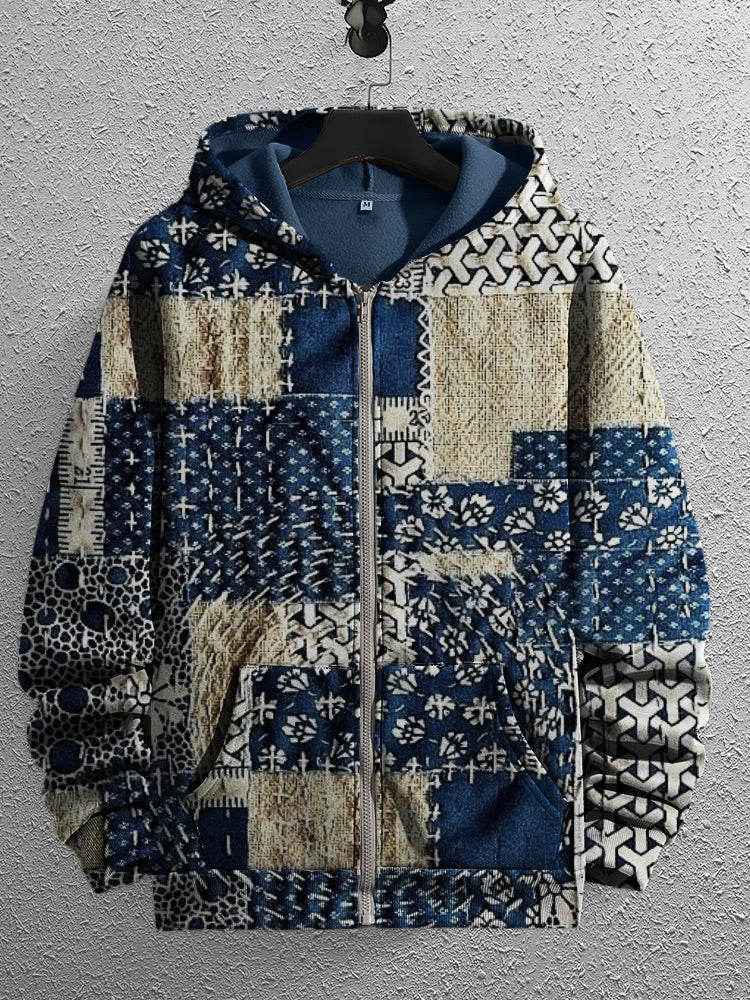 Men's Japanese Embroidered Fiber Art Patchwork Full Zip Hoodie elevenforest