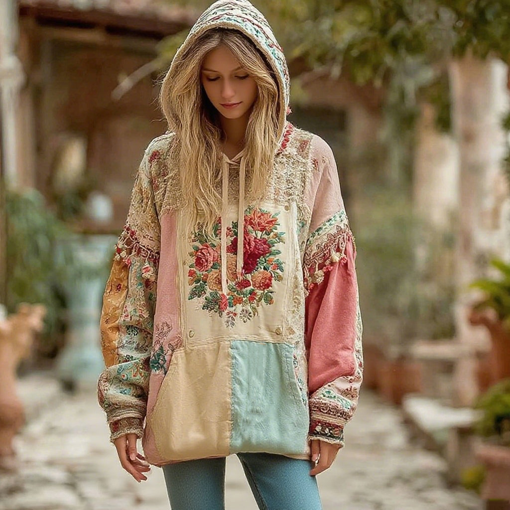 Women's Retro Floral Pattern Comfortable Warm Hoodie elevenforest
