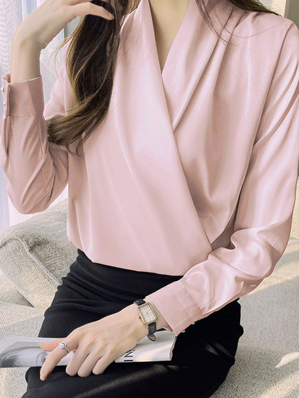Long Sleeves Loose Buttoned Color V-neck Blouses&shirts Tops