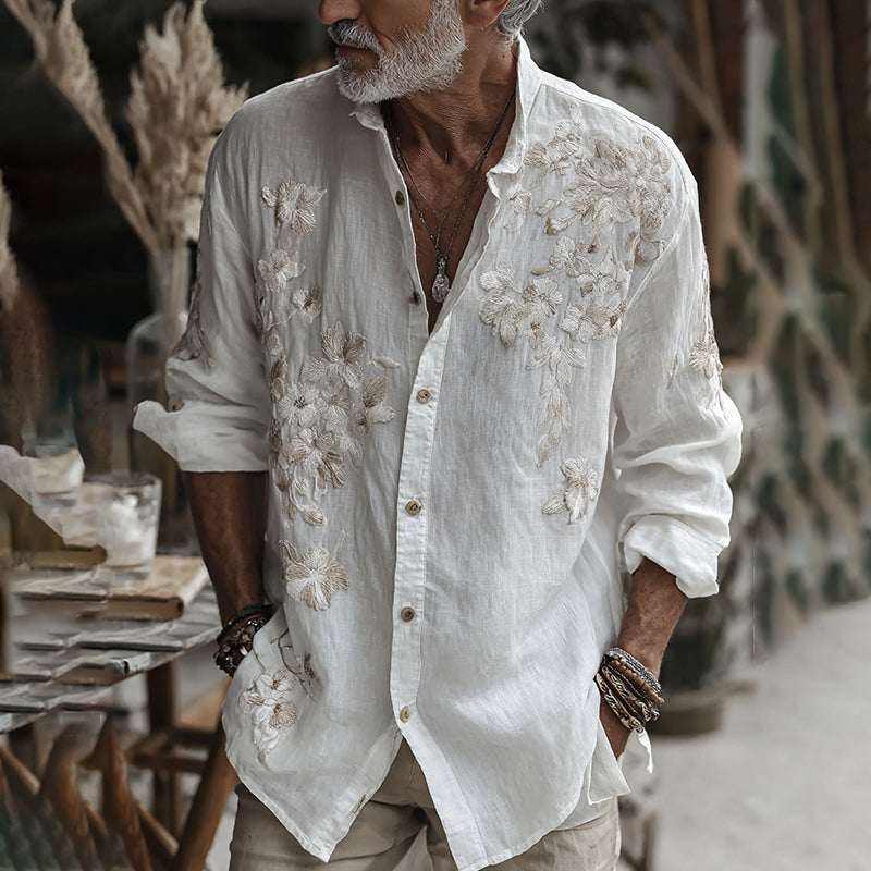 Men's Vintage Floral Embroidered Art Button Linen Shirt elevenforest