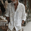 Men's Vintage Floral Embroidered Art Button Linen Shirt elevenforest