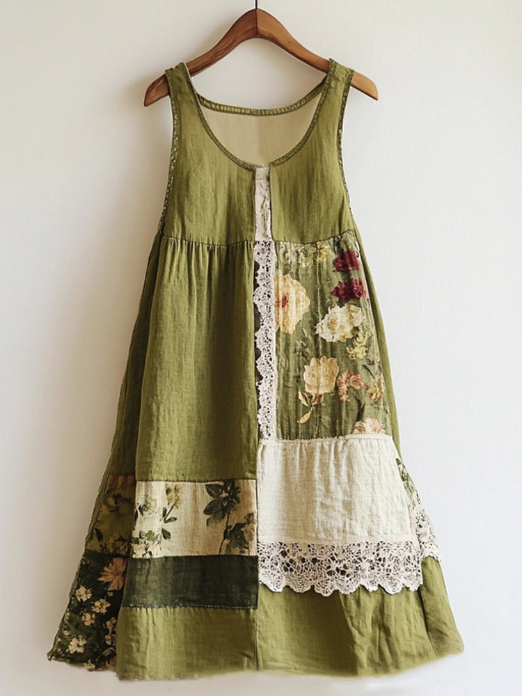 Boho Floral Pattern Lace Patchwork Linen Blend Green Dress elevenforest