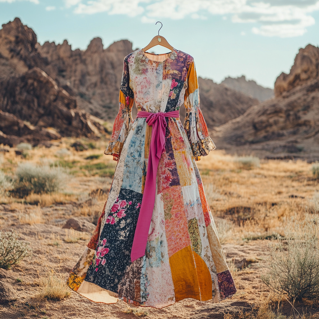 Women's Vintage Floral Patch Art Linen Blend Maxi Dress elevenforest