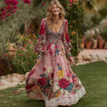 Women's Vintage Floral Print V-neck Long Sleeve Maxi Dress elevenforest