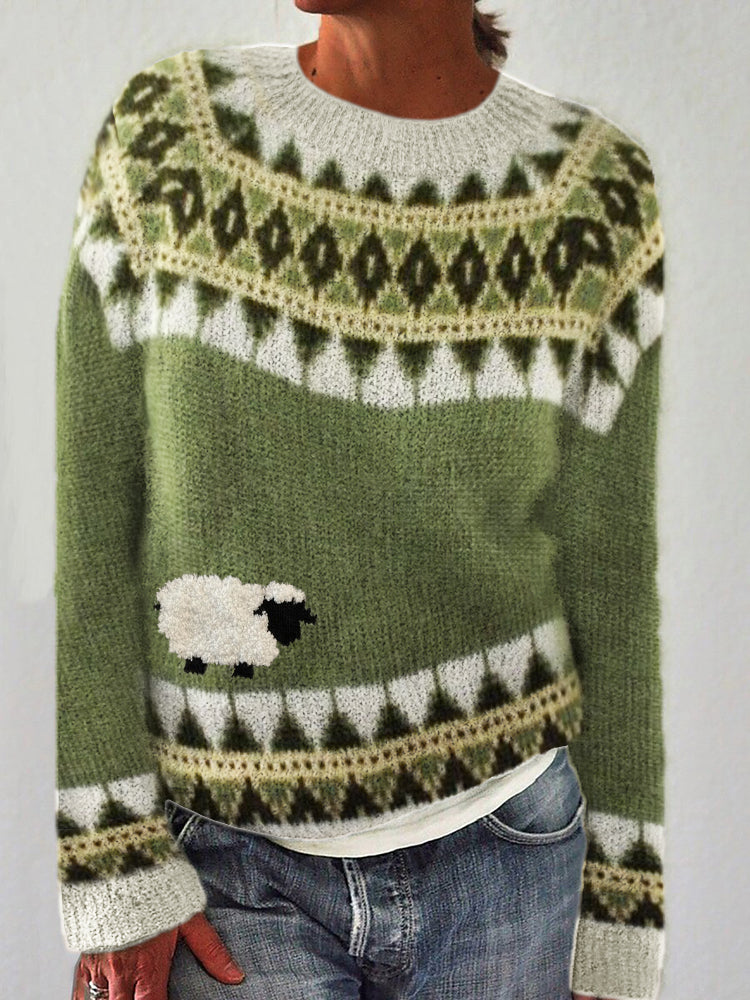 Vintage Fuzzy Sheep Embroidered Cozy Knit Isle Sweater artswardrobe