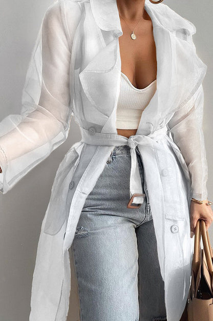 Color Patchwork Button Belt Pocket Long Sleeve Coat
