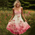 Pink Floral Embroidered Gradient Linen Suspender Dress elevenforest